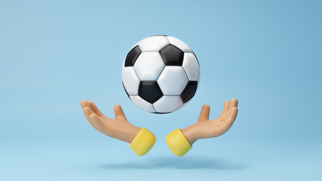 Football in 3d hand icon, Creative concept background with sports attributes design elements. Soccer player and victory prize. Cartoon creative design icon isolated on blue background. 3D Rendering