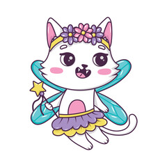 Cute cartoon cat fairy with magic wand in ballerina tutu in doodle style isolated on white background