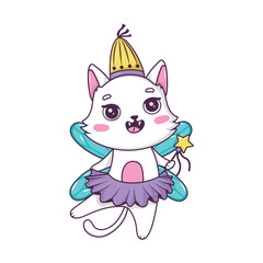 Cute cartoon cat fairy with magic wand in ballerina tutu in doodle style isolated on white background
