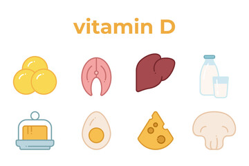 A set of line icons of products containing vitamin D. Icons of fish oil, cheese, egg yolk, liver, etc, editable stroke