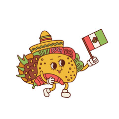 Taco Retro Cartoon style Mascot Logo Design. Latin American food character with, sombrero, Mexican flag and chili pepper. Hand drawn contour vector illustration in trendy vintage toon style 30s.