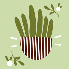 A home plant on green background. A flower in a brown pot with a lines. Image with a plant in a cute style for different designs.