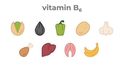 A set of line icons of products containing vitamin B6. Icons of seeds, garlic, liver, potatoes, etc, editable stroke