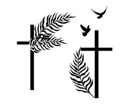 Religious cross with palm leaf and birds. Vector illustration