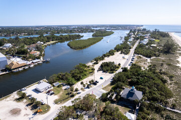 Aerial Drone Nokomis Beach. Gulf of Mexico on Casey Key in Nokomis Florida, United States. Red tide water.