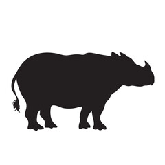 Badak jawa vector silhouette. Badak bercula satu kecil siluet. Rhino animal from side view with simple flat black color isolated on plain white background.