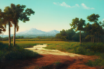 Fototapeta premium Swampy marshland. Palm trees. Tropical forest. 