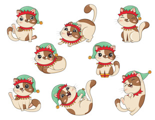Bundle of cute cartoon cat in christmas elf costume in different poses is played isolated on white background