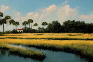 Cabin in the middle of a swamp. 