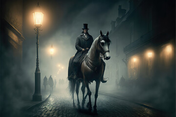 Naklejka premium AI generated image of a well-dressed English nobleman riding a horse on a moody evening in London 