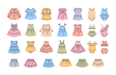 Baby girl dresses color fill line icons. Different dresses with long and short sleeves, sundresses, skirts and swimsuits for little girl. Simple linear pictograms of kids clothes. Little girl wardrobe