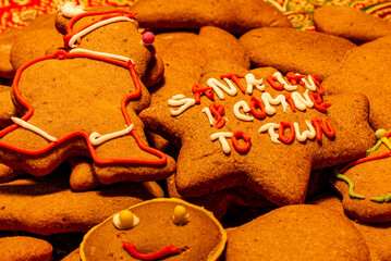 Christmas gingerbread santa claus cookies close up.