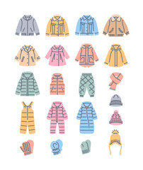 Baby outerwear warm clothes color fill line icons. Jackets, coats, snowsuits, hats and mittens. Color pictograms of kid clothing. Children wardrobe. Basic winter outfit for toddler, little boy or girl © vectorikart