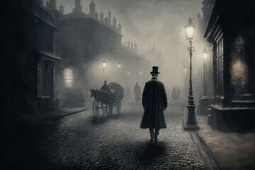 AI generated image of a Victorian era private detective walking through the streets of London on a moody evening  - obrazy, fototapety, plakaty