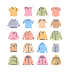 Baby cloth color fill line icons. Simple linear pictograms of kids clothing. Different shirts, sweaters, cardigans and vests. Outline children wardrobe garment. Outfit for toddler, little boy or girl