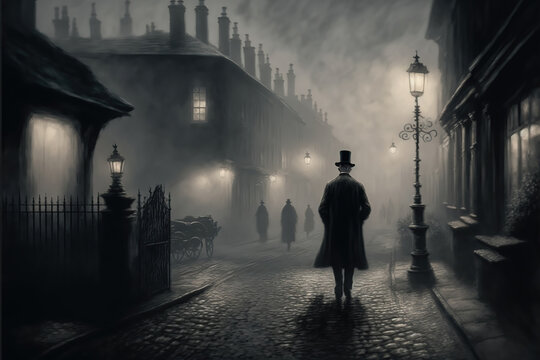 AI generated image of a Victorian era private detective walking through the streets of London on a moody evening 