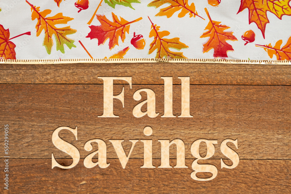 Wall mural Fall Savings message sign and fall leaves - Wall murals