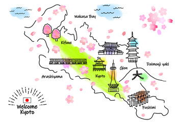春の京都の観光地のシンプル線画イラストマップ（緑）