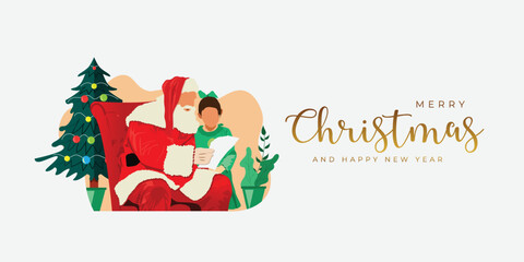 christmas flat character illustration santa with kid and christmas tree and leaves with christmas and happy new year wish banner flyer landing page with trendy artwork