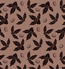 Pattern for a coffee shop with leaves and coffee beans in brown colors. Seamless pattern for textile prints, gift wrapping or paper cups