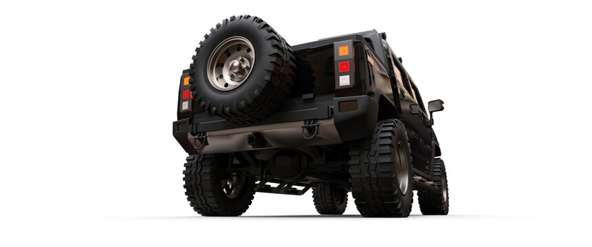 Paris, France. February 3, 2022. Hummer H2 Pickup. Large black off-road pickup truck for countryside or expeditions on white isolated background. 3d illustration.