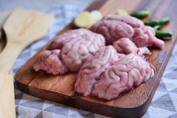 close up of mutton brain on a chopping board 