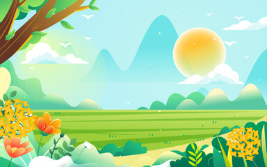 Fototapeta na wymiar Spring characters are traveling outside, the background is various forest trees and mountains in the distance, vector illustration