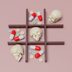Death is stronger than medicine. Game of tic-tac-toe with a skull as a symbol of death and pills...