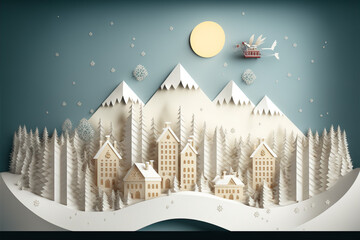 Papier découpé petit village en montagne enneigé avec des sapins, ambiance Noël de nuit avec la pleine lune dans un ciel étoilé