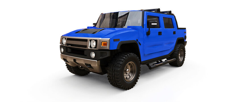 recommend clip art: Paris, France. February 3, 2022. Hummer H2 Pickup. Large blue off-road pickup truck for countryside or expeditions on white isolated background. 3d illustration.
