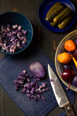 purple potatoes cut into cubes, top view