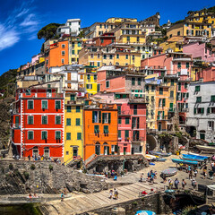 Riomaggiore, Italy - July 2022: Riomaggiore, one of the five Cinque Terre. This traditional fishing village is a travel attractions. Spezia, Liguria, Italy, Europe