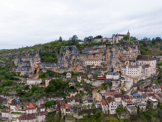 Fototapeta premium Aerial view of Beautiful village Rocamadour in Lot department, southwest France. Its Sanctuary of the Blessed Virgin Mary, has for centuries attracted pilgrims.