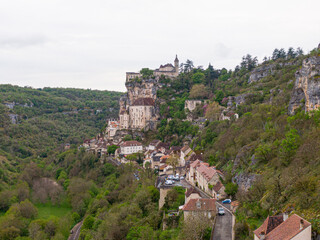 Fototapeta na wymiar Aerial view of Beautiful village Rocamadour in Lot department, southwest France. Its Sanctuary of the Blessed Virgin Mary, has for centuries attracted pilgrims.