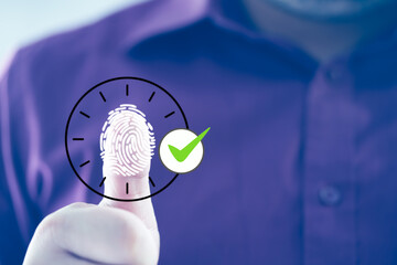 Employee scanning fingerprint record hours work time. Employee attendance concept. HR concept