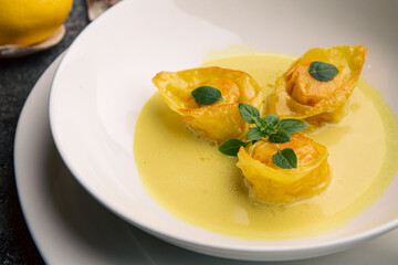 Ravioli with salmon restaurant serving