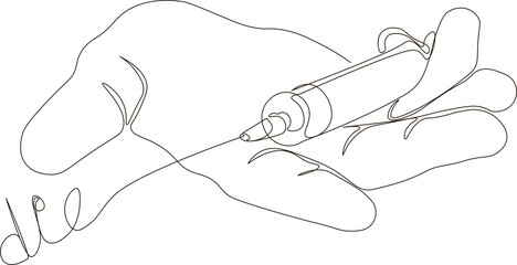 Obraz premium Continuous one line drawing of a syringe with a needle lying in the hand with the inscription 