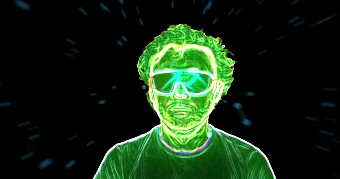 Green man quickly shakes his head to the music against the backdrop of a dark space with converging dots. Portrait, close-up, neon outlines.