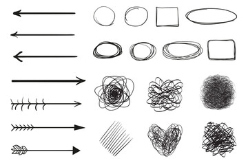 Infographic elements on isolated white background. Hand drawn tangled geometric shapes and arrows. Line art. Set of different pointers. Abstract indicators. Black and white illustration