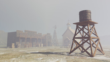 Rendering of an old western water tower in abandoned village