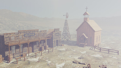 Rendering of an old western abandoned town in fog