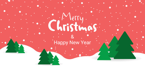 Banner Merry Cristmas & Happy New Year. Winter landscape red background with snowflaces.