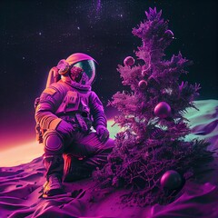 An astronaut celebrates Christmas on an alien planet. A high-tech astronaut from the future. The concept of space travel. 3D rendering