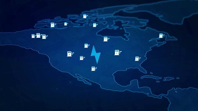 Electric charging station icon location on smart navigation app for EV car, America map with many battery vehicle recharging energy park position, fast charger gps application technology 3d rendering