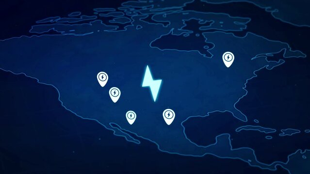 Electric charging station icon location on smart navigation app for EV car, America map with many battery vehicle recharging energy park position, fast charger gps application technology 3d rendering