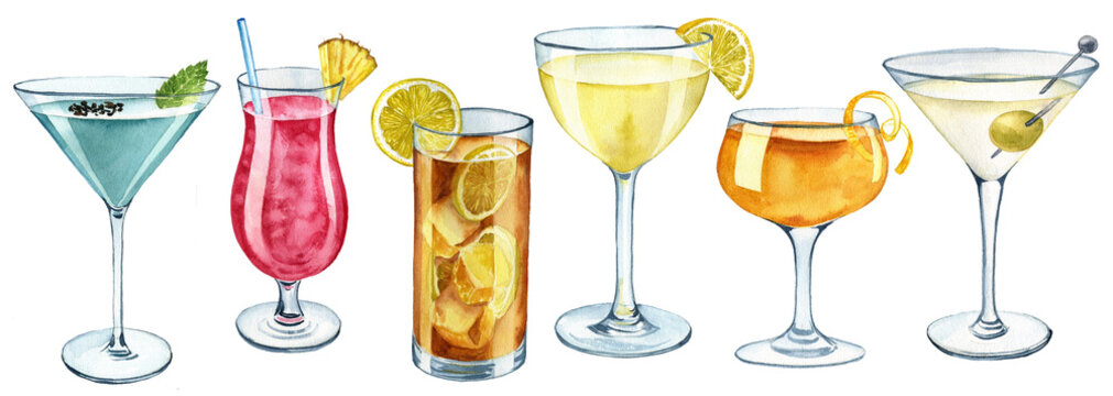 watercolor drawing glasss with cocktails at white background,hand drawn illustration