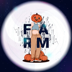 girl with a pumpkin instead of a head. farm lettering