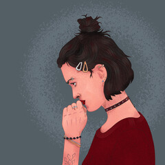 girl in profile with a bunch of hair on her head. choker and bracelets