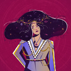 abstract image of a girl in a jacket and cosmic hair