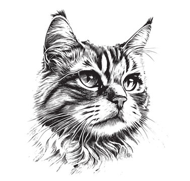 Portrait of a cat head sketch hand drawn engraved style Vector illustration.
